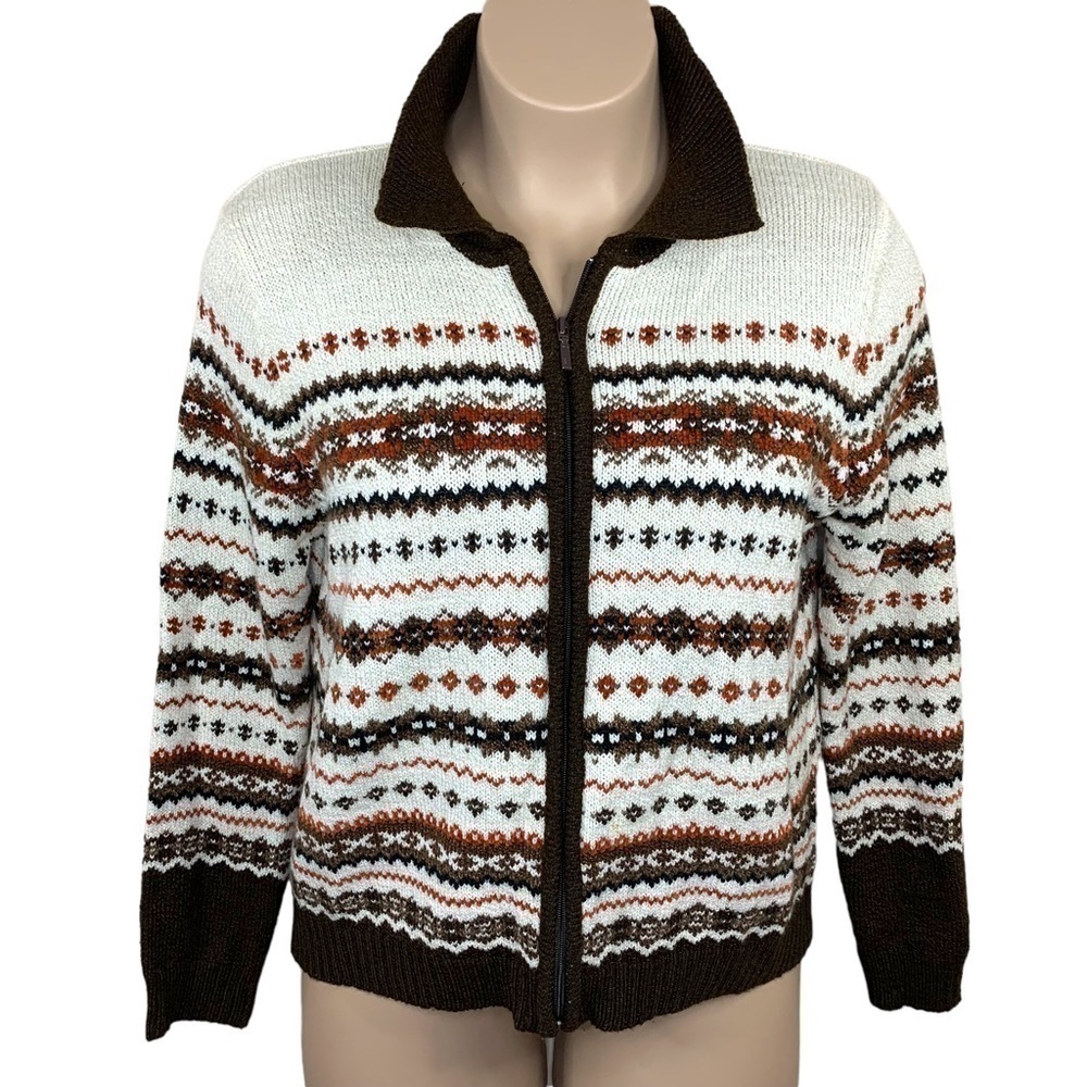 XL Vintage Beige Classic Elements Nordic Print Zip Closure Cardigan Sweater 18